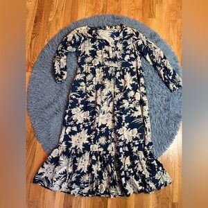 Fox & Hen Cream Navy Cotton Long Sleeve Maxi Shirt Dress Size L
